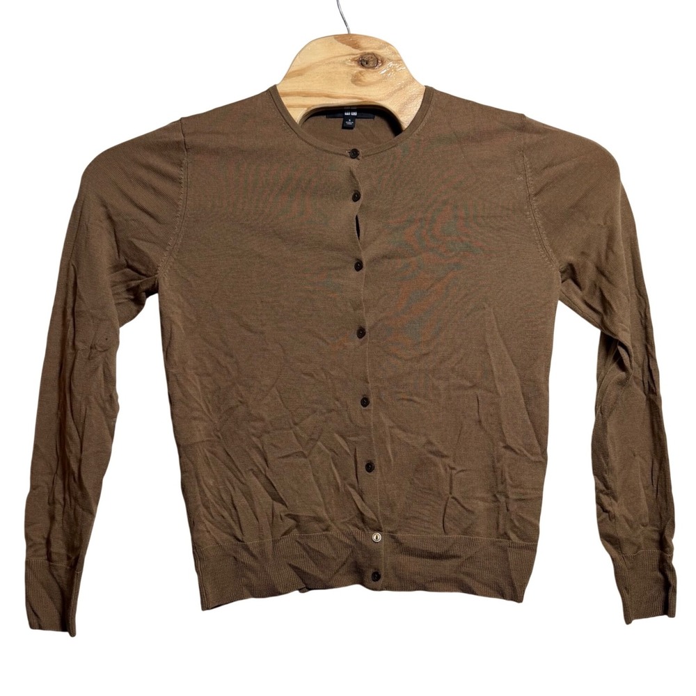 Uniqlo Womens Small Brown 100% Merino Wool Button Up Crew Neck Cardigan Sweater